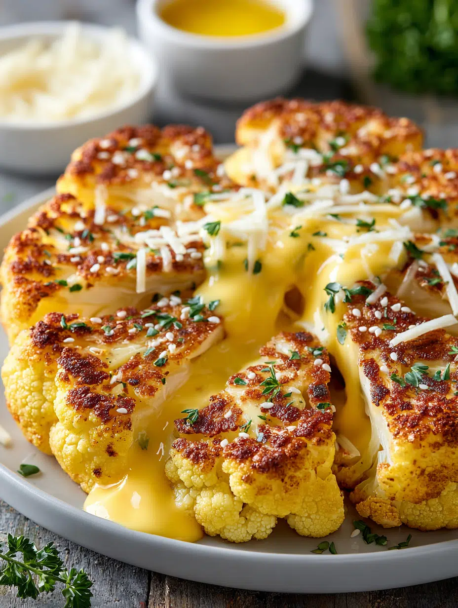 Cheesy Cauliflower Steaks: A Gourmet Veggie Delight! 2 Cheesy Cauliflower Steaks (Golden Roast + Creamy Drizzle)