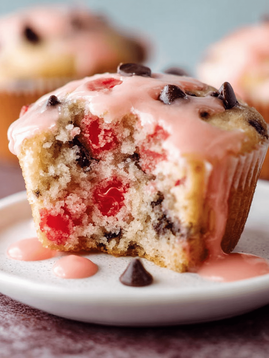 Cherry-Chip Muffins with Pink Cherry Glaze are delightful! 2 Cherry-Chip Muffins with Pink Cherry Glaze