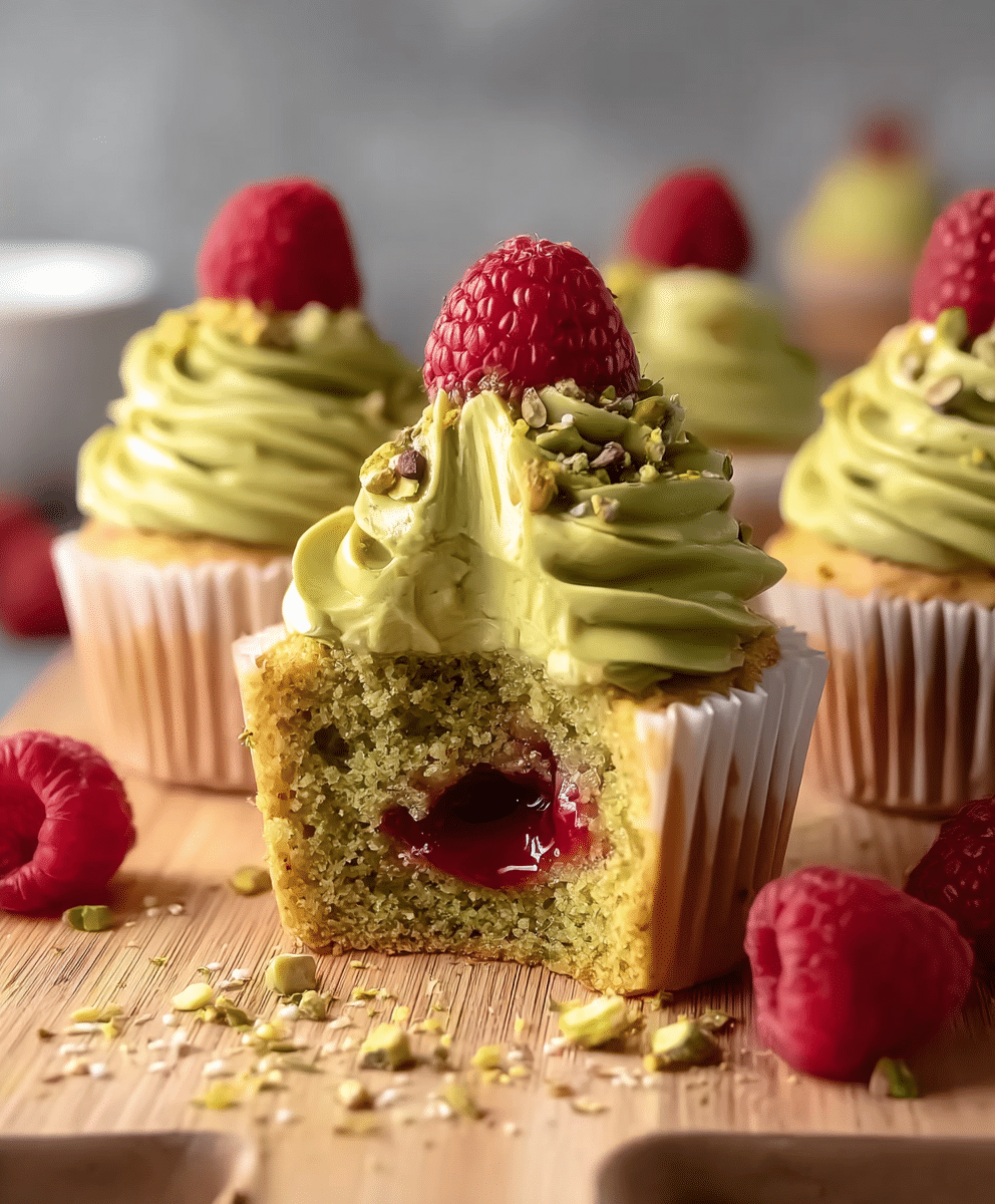 Pistachio Cupcakes with Raspberry Center