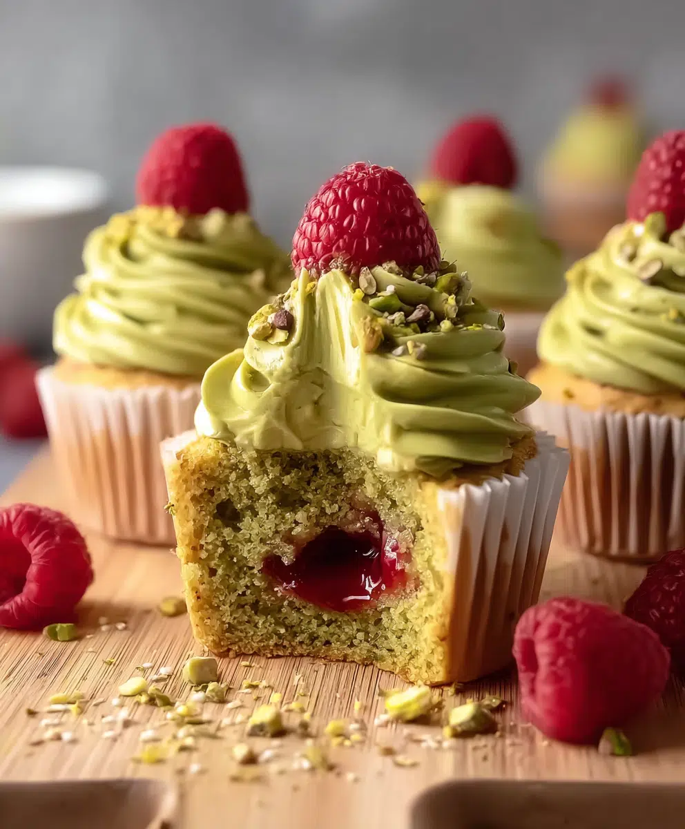 Pistachio Cupcakes with Raspberry Center