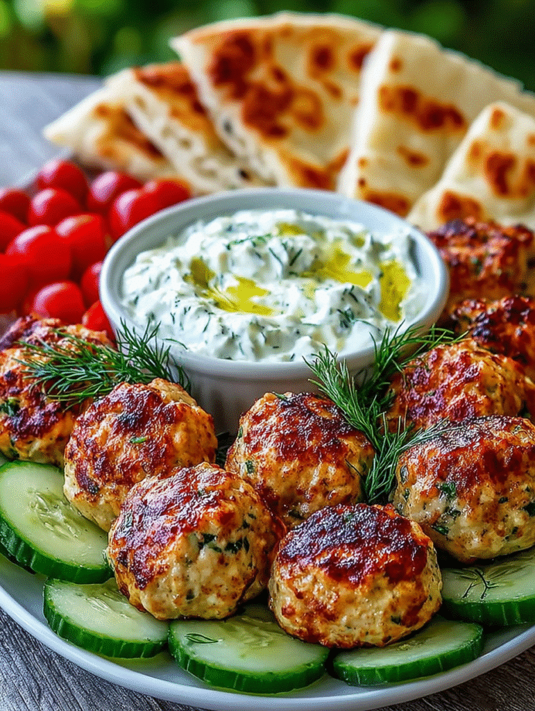Greek Chicken Meatballs with Tzatziki & Pita