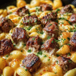 Cajun Garlic Steak Bites with Creamy Shell Pasta