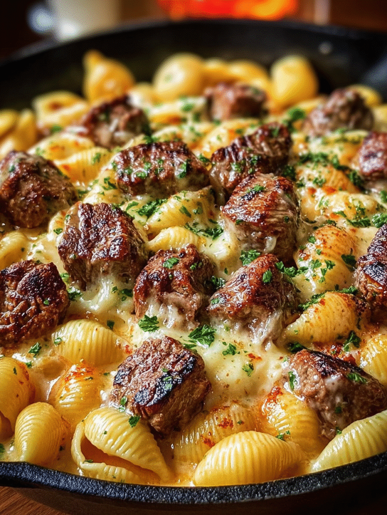 Cajun Garlic Steak Bites with Creamy Shell Pasta