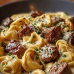 Creamy Garlic Steak Tortellini Skillet