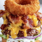 Loaded Bacon Cheeseburger with Onion Rings