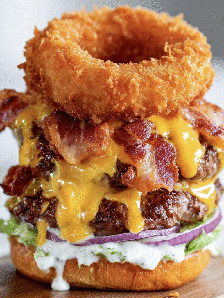 Loaded Bacon Cheeseburger with Onion Rings